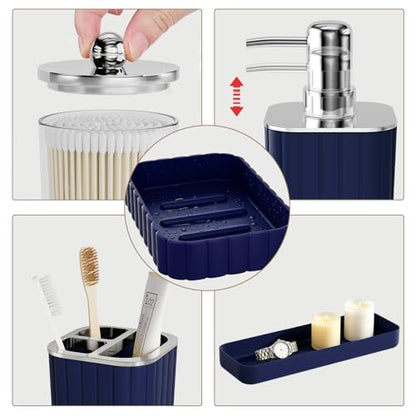 XLHOMO Bathroom Accessory Set - Gorgeous Bathroom Set, 7PC Navy Blue Bathroom Set, Soap Dispenser, Toothbrush Holder, Qtip Holder Set, Bathroom Sets Complete, Bathroom Sink Set for Home Decor - style: Navy Blue&Silver