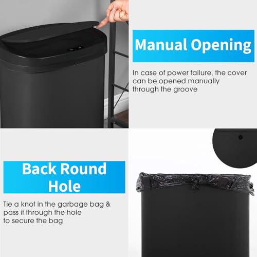 BestOffice | 13 Gallon Plastic Trash Can with Lid | Black | Automatic Touchless Garbage Can | Quite Close | Waterproof & Easy to Clean | For Kitchen, Bathroom, Home or Office