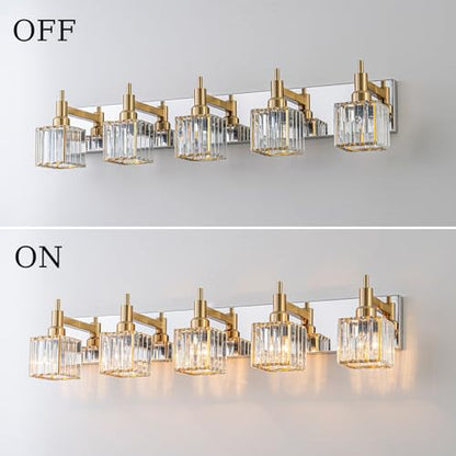 Crystal Bathroom Light Gold Chrome 5-Light Modern Bathroom Vanity Fixtures Over Mirror Square Wall Sconce - color: Gold Chrome-Square Shade, size: 5-Light