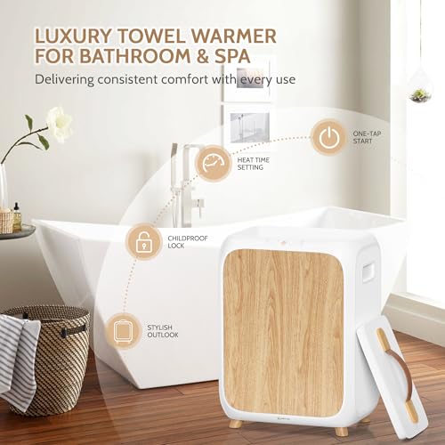 Keenray Towel Warmer Bucket, Luxury Rectangle Towel Warmer for Bathroom with Timer & Delay, Customized Fragrance, Child Lock, Fits 2 Large Towels, Blankets, Bathrobes, Ideal Gift for Him & Her(Wood) - color: White/Wood Color