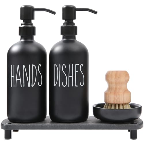 MOMEEMO Matte Black Soap Dispenser Set Comes with Stainless Steel Pumps | Instant Dry Tray and Dish Scrub Brush, Suitable for Matte Black Kitchen Accessories - color: Black1