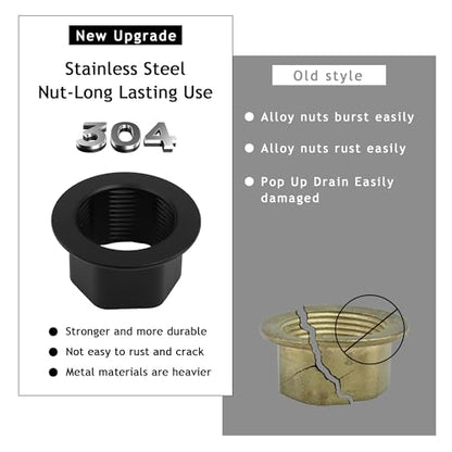 Bathroom Sink Drain,Drain Stopper Bathroom Sink with Overflow,Pop Up Drain Assembly with Detachable Strainer Basket,Built-in Anti-Clogging, Stainless Steel Nut Mattle Black - color: Matte Black-big Cap, style: With Overflow