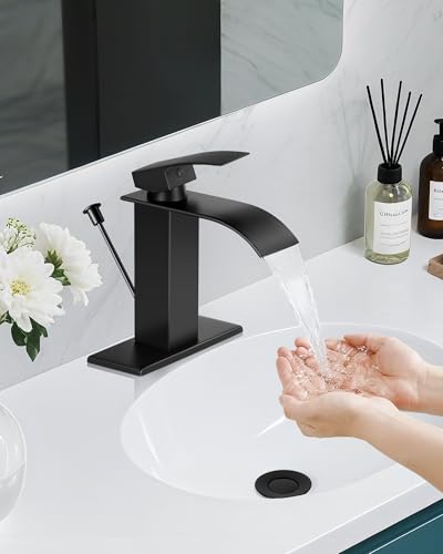 Black Waterfall Bathroom Faucet Single Handle with Lift Rod Drain | Bathroom Sink Faucet,Stainless Steel,supply hoses Deck included,1 or 3 Hole,Fits home,RV,farmhouse bathrooms - color: A-Matte Black, style: with Lift Rod Drain
