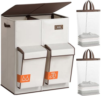 SOLEDI 180L Double Laundry Hamper with Lid and 2 Side Pockets, Dual Hamper | 2 Section Laundry Basket, Removable & Washable Laundry Bags, 180L Large Capacity, for Bedroom, Bathroom, Laundry Room, Dorm - color: Beige