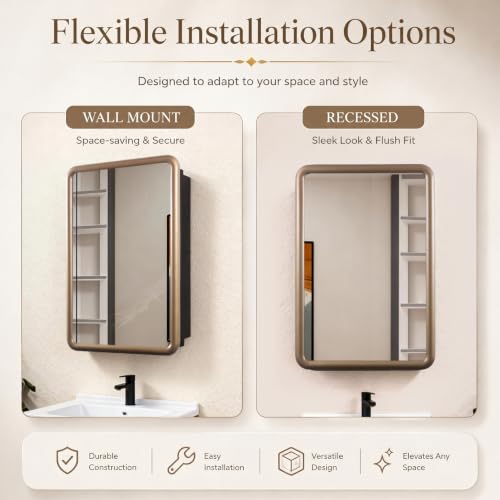 Gold Medicine Cabinet, 18x26.5 Inch Wood Framed Mirror, Fully Assembled Recessed or Wall Mount Wood Cabinet with 2 Storage Shelves, Fully Assembled - color: Gold