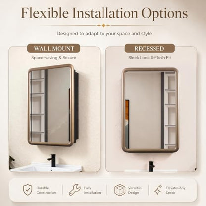 Gold Medicine Cabinet, 18x26.5 Inch Wood Framed Mirror, Fully Assembled Recessed or Wall Mount Wood Cabinet with 2 Storage Shelves, Fully Assembled - color: Gold