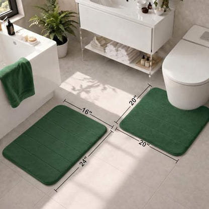 2 Piece Memory Foam Bath Mat Set, Extra Soft Absorbent Bathroom Rugs with U-Shaped Toilet Rug, Non-Slip Backing, Machine Washable, 24x16 + 20x20 U-Shaped, Dark Green - color: Dark Green