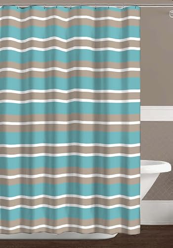Striped Fabric Shower Curtain, Aqua Brown White Coastal Design, 70 x 72 Inches, with Hooks - color: Wendy Blue