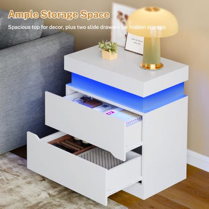 Nightstands Set of 2, Night Stand with 2 Drawers, Nightstand with App-Controlled Adjustable LED Light, Bedside Table with Slidable Hidden Storage Space, Modern Nightstands for Bedroom,White - color: Unbzx031wd2-zf