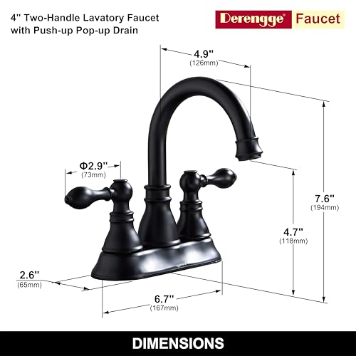 Matte Black 4 Inch Centerset Bathroom Sink Faucet 3 Hole with Pop up Drain | Derengge High Arc Classic 2-Handle Bathroom Faucet, Vanity Lavatory Faucet with 360° Swivel Spout，F-4501-MT - color: Matte Black