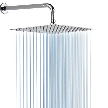 Square Rain Shower Head, High Pressure Rainfall Showerhead, Large Fixed Stainless Steel Polished Chrome Shower Rain, 12 Inch Rainhead and 15 Inch Extension Arm