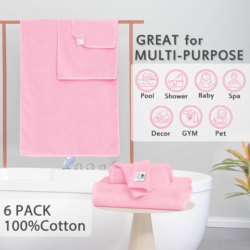 VOOVA & MOVAS 6PC Towel Set, 100% Cotton, Pink | 2 Large Bath 30x56 In, 2 Hand 18x28 In, 2 Washcloths 13x13 In, Soft, Quick Dry, Thick, Luxury Towel Gift Set - color: Baby Pink, size: 6 PC Bathroom Towel Set