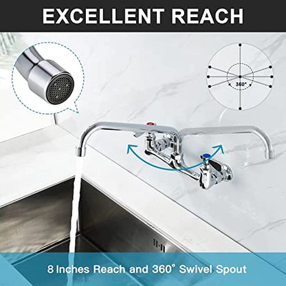 Wall Mount Commercial Sink Kitchen Faucet 8 Inch Adjustable Center | 8 Inch 360 Swivel Spout, Lead-free Brass, For Restaurant Laundry Utility Room, Easy to Install, CUPC NSF Certified - color: A Chrome, size: 8 Inch Spout