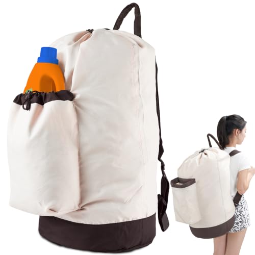 Seiritex Laundry Bag Backpack with Shoulder Straps and Detergent Holder Clothes, Travel Laundry Backpack Bag Hamper for College (Khaki w Brown) - color: Khaki w Brown