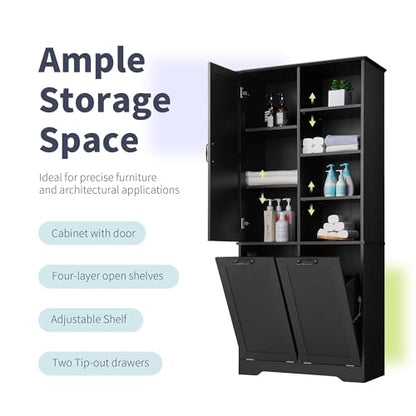 Merax Cabinet with Tilt-Out Laundry Hamper Basket, Tall Bathroom Storage Organizer Linen with Open Shelf for Home, Freestanding, Black - color: Black