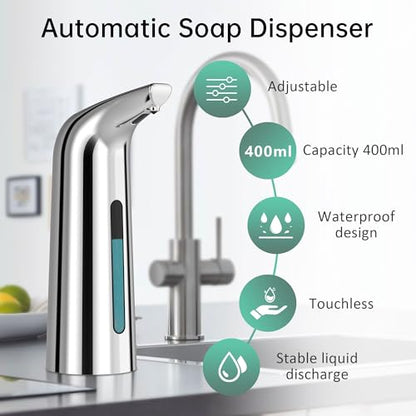 Automatic Liquid Soap Dispenser, 4-Level,13.5oz Touchless | Plastic,400ml Silver Electric Battery Operated Hand & Dish Countertop Soap Dispensers with Sensor for Bathroom,Kitchen Sink - color: Silver, style: Battery