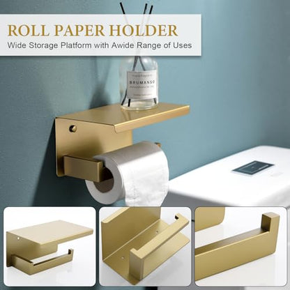 6-Piece Bathroom Hardware Set 23.6 Inch Gold Towel Bar Set Double Towel Bar Towel Ring Coat Hook and Toilet Paper Holder with Shelf Wall Mounted Stainless Steel Bathroom Accessories Set - color: 6-piece Gold
