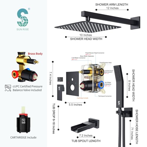SR SUN RISE 10 Inch All Metal Square Shower System with Tub Spout, Tub Shower Faucet Set, High Pressure Rain Shower Head and Handheld Sprayer Shower Fixtues, Valve Included, Matte Black - color: Matte Black, size: 10 Inch
