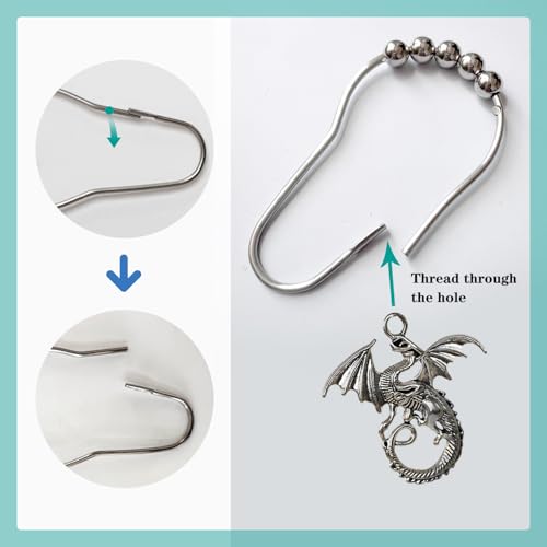 Dragon Shower Curtain Hooks Decorative Rings for Bathroom Cool Kids Bath Decor Rust-Resistant Stainless Steel Curtain Rings Pack of 12 (Silver) - size: Dragon