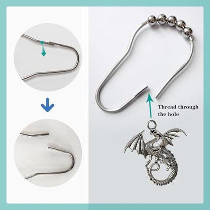 Dragon Shower Curtain Hooks Decorative Rings for Bathroom Cool Kids Bath Decor Rust-Resistant Stainless Steel Curtain Rings Pack of 12 (Silver) - size: Dragon