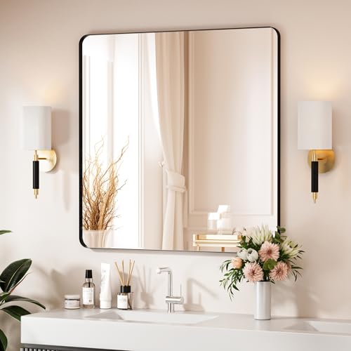 Black Bathroom Mirror 36X36 Inch Bathroom Vanity Mirror for Wall, Metal Frame Large Mirror, Tempered Glass, Modern Wall Mirror for Bathroom, Farmhouse, Horizontally or Vertically Hanging - color: Black, size: 36"L x 36"W