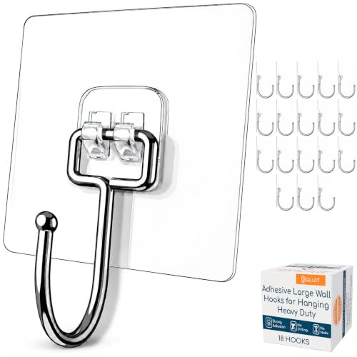 Adhesive Wall Hooks for Hanging, Heavy Duty No Drill, 22 lbs, 18 Pack | GLUIT Adhesive Wall Hooks for Hanging, Transparent Waterproof Sticky Towel Hook for Bathroom Kitchen Home Outdoor - size: Large, 18 pcs