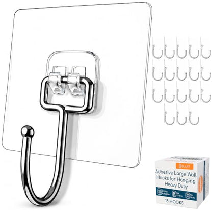 Adhesive Wall Hooks for Hanging, Heavy Duty No Drill, 22 lbs, 18 Pack | GLUIT Adhesive Wall Hooks for Hanging, Transparent Waterproof Sticky Towel Hook for Bathroom Kitchen Home Outdoor - size: Large, 18 pcs