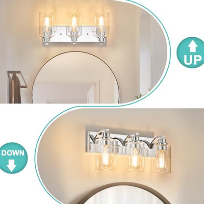 3-Light Bathroom Light Fixtures Modern Chrome Vanity Lights | Easy to Install Clear Glass Shades, Wall Mount Up or Down, E26 Socket, Hardwired, 126V - color: Chrome, size: 3 Lights