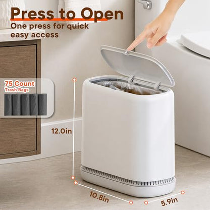 Air-Pressure Liner Fit Trash Can with Lid, Press-Top Slim Garbage Bin, Hidden Bag Design, Pet-Resistant Small Narrow Wastebasket for Kitchen, Bedroom, Bathroom, Office & Dorm - size: Large | 3.3 Gal | 75 Trash Bags
