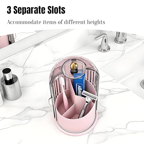 JEESA Dustproof Toothbrush Holder with Cover, Pink | 360° Rotating, 180° Sliding Lid, 3 Slots, Toothbrush Organizer, for Bathroom Countertop - color: Pink