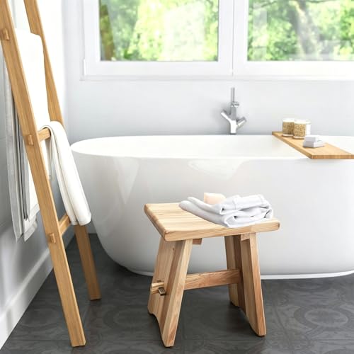 18" Teak Shower Bench - Shower Stool for Bathroom Unique Rustic Style and Comfort - Farmhouse Solid Wood Furniture for Indoor & Outdoor Use