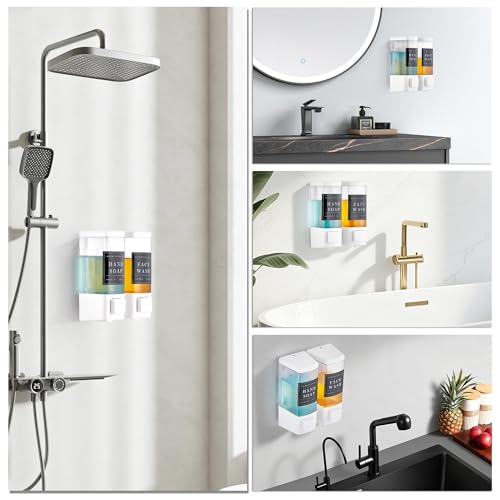 Shampoo and Conditioner Dispenser for Shower, 2 Chamber, White | Clog-Free Pump for Thick Liquids, 16.9oz Large Capacity, No Drill Wall Mounted Compact Design for Small Bathroom - color: Dm25-white