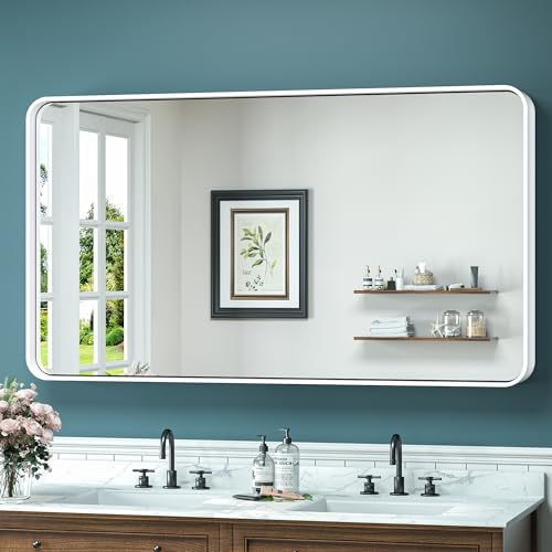 48 x 24 Inch Bathroom Mirror White Vanity Wall Mirror with Metal Frame Aluminum Alloy Rounded Corner for Modern Farmhouse Wall Decor 1”Deep Set Design (Horizontal/Vertical) - color: White, size: 24"L x 48"W, style: Rectangle