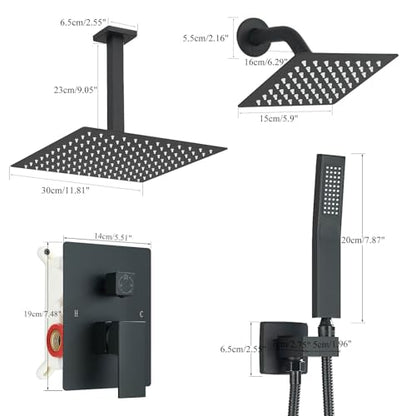 Shower Faucet Matte Black Shower System with 12" Celing+6" Wall Dual Rain Shower Head with Handheld Spray,Bathroom Luxury Brass Shower Valve with Shower Diverter Kit Shower Faucet Set Complete - color: Matte Black, size: Matte Black-12+6"
