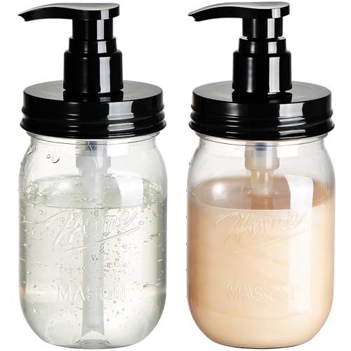 Amolliar Plastic Mason Jar Soap Dispenser with Pump Lid 16OZ, 2 Pack | Refillable BPA-Free Hand Soap Dispenser Set with Cute Lables, Farmhouse Decor for Kitchen Bathroom Liquid Dish Soap Lotion - color: Black