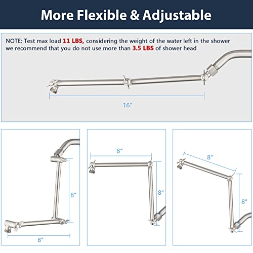 PDPBath Shower Extension Arm, 16" Upgrade Solid Brass Shower Head Shower Head Extender, Adjustable Height Extended with G1/2 Universal Connection for Rain & Handheld Shower Head Brushed Nickel - color: Brushed Nickel, style: 8 Inch + 8 Inch