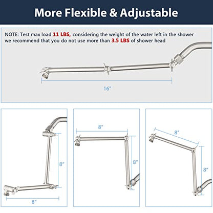 PDPBath Shower Extension Arm, 16" Upgrade Solid Brass Shower Head Shower Head Extender, Adjustable Height Extended with G1/2 Universal Connection for Rain & Handheld Shower Head Brushed Nickel - color: Brushed Nickel, style: 8 Inch + 8 Inch