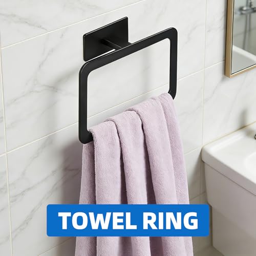 10 Pieces Stainless Steel Bathroom Towel Bar Set Self Adhesive | Matte Black Bathroom Hardware Set, Towel Rack for Bathroom, 16 inch Towel Bar, Robe Hooks, Toilet Paper Holder, Towel Ring