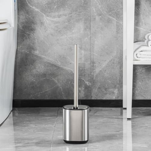 Toilet Brush and Holder Set Toilet Bowl Brush Stainless Steel Automatic Open lid Toilet Bowl Cleaner Brush Set Toilet Scrubber Kit Toilet Cleaning Brush for Bathroom - color: Stainless Steel