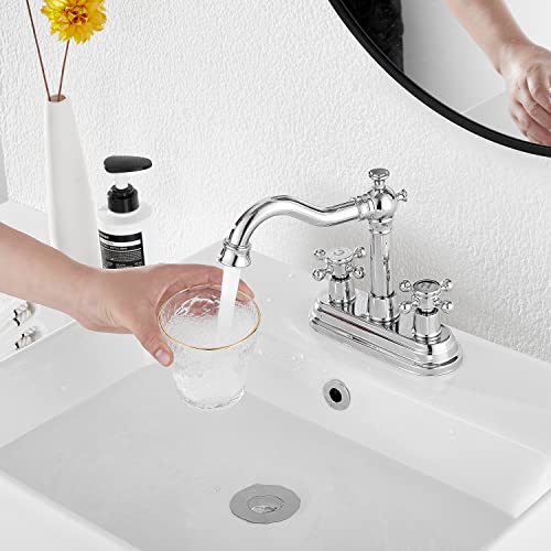 Chrome Bathroom Faucet GGStudy 2 Handles 4 Inches Centerset Bathroom Vanity with Drain Assembly and Supply Hose Lavatory Faucet Mixer Double Handle Tap - color: Polished Chrome, style: Metal Cover