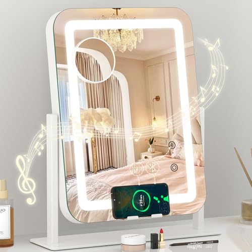Dripex 5-in-1 Lighted Vanity Mirror with Bluetooth Speaker & Wireless Charging, 15"x12" LED Makeup Mirror with Lights 3 Colors Dimmable, Phone Holder Touch Keys 10X Magnification - color: Wireless Charging White
