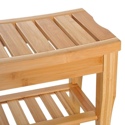 Long Bamboo Shower Bench Seat, 20" Wooden Shower Stool with Underneath Storage Shelf Shoe Organizer