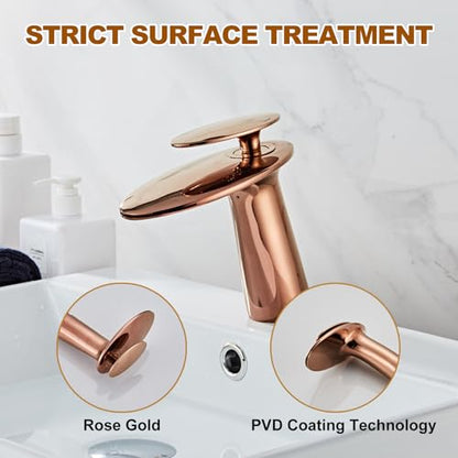 Rose Gold Waterfall Bathroom Sink Faucet and Pop Up Drain Assembly - color: Rose Gold, size: Short Body