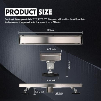 Micmi 12 Inch Shower Floor Drain with Adjustable Quadrato Pattern Grate, 304 Stainless Steel, PVC Shower Drain Base, Rubber Gasket, Hair Strainer (1pack, Brushed Nickel, 12 in) - size: 12 IN