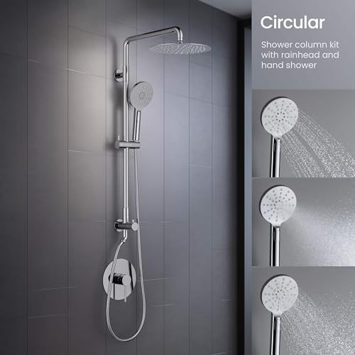 KIBI Circular Wall Mounted Rain Shower Column | 2-Function Shower Faucet System with Rough-In Valve | Solid Brass Construction for Reliable Water Flow and Temperature Control (Chrome Finish, KSC403) - color: Chrome