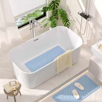 HITSLAM Bathtub Mat Non Slip, 35 x 16 Inch Long TPE Bath Mat for Tub, Efficient Drainage Bathroom Shower Mat with Suction Cups, Bath Tub Mat, Soft on Feet and Easy to Clean, Blue - color: Blue, size: 35" x 16" (Rectangular)
