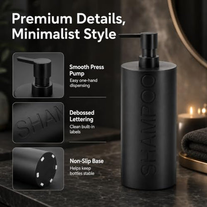 2-Pack Matte Black Resin Refillable Shampoo & Conditioner Bottles – Modern Bathroom Pump Dispenser Set, Durable Resin Shower Containers with Embossed Labels, Reusable Pump Bottle - color: 2pack Black Shampoo and Conditioner Set