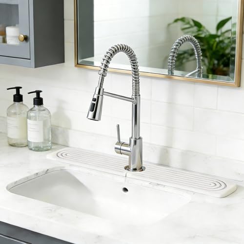 Diatomite Faucet Mat, Water Absorbent Sink Splash Guard, Quick Dry Countertop Drip Tray, Non Slip Grooved Surface, Sleek Smooth Edge, For Kitchen Bathroom Apartment RV, White Modern 60x10cm 0.9cm Thic