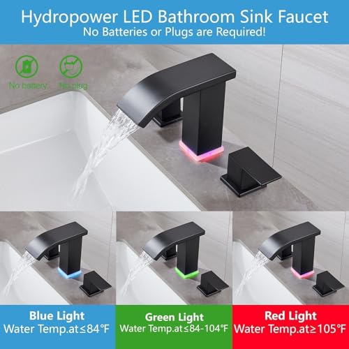 LED Light Bathroom Faucet Widespread 3 Holes - 8Inch Bathroom Sink Faucet | Two Handles Lavatory Vanity Sink Faucets with Pop-up Drain Assembly & Supply Lines - color: Matte Black