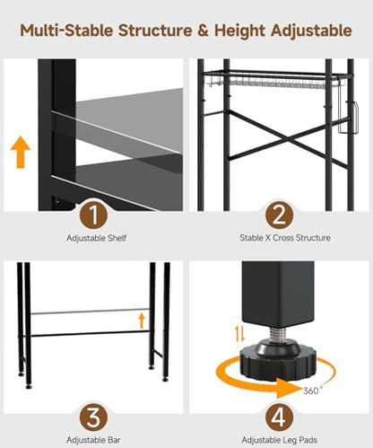 Over the Toilet Storage Rack,4-Tier Adjustable Bathroom Organizer Over Toilet with Storage Basket & 4 Hooks,Space Saving Shelf for Washer & Mini Fridge,Rustproof,Black Metal